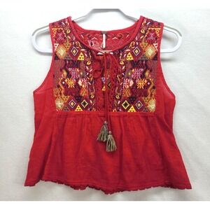 Free People Tallie Embroidered Colorful Top Sm‎ Womens Hippie Boho Fairy Tassel